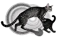 Bengal cats run around human legs creating magic circles tattoo design idea