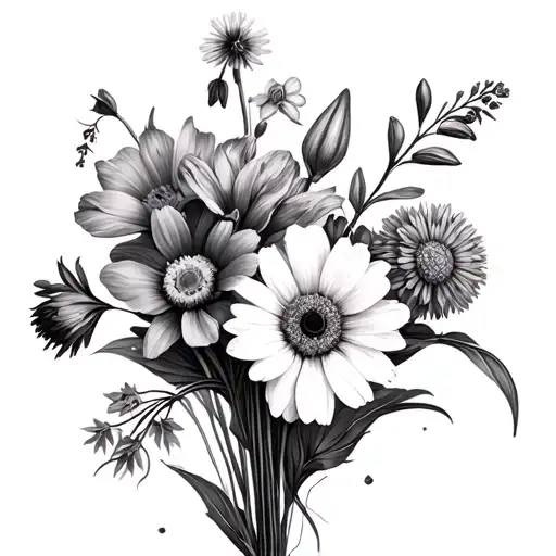 I want a black and gray flower bouquet with the following flowers. I want 2 narcissus,  2 asters,  1 daisy, 1 larkspur,  tattoo design idea