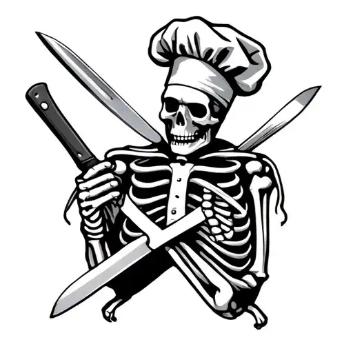 Skeleton with a chefs hat and a butchers knife in one hand and a chef’s knife in the other the skeleton is making an X a tattoo design idea
