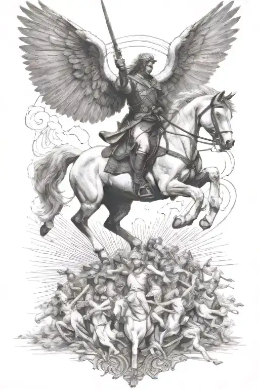 angel ride horse galloping through the war scene tattoo design idea