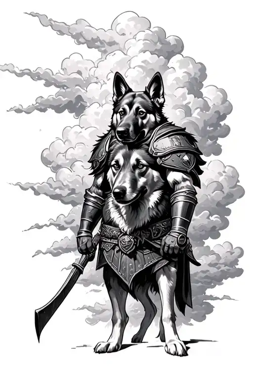 Roman warrior Valhalla doors storm clouds forming the shape police k9 tattoo design idea