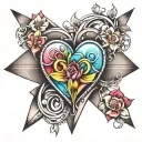 colorful infinity triangle blooming heart with banner tattoo design idea