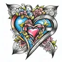 colorful infinity triangle blooming heart with banner tattoo design idea
