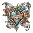 colorful infinity triangle blooming heart with banner tattoo design idea