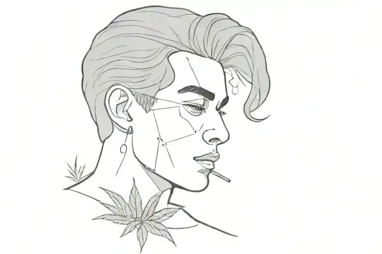 A black and grey portrait of a student studying with a cannabis leaf in the background tattoo design idea