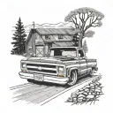 flat bed 78 c10 chev slammed on 15inch wide rims on mountain road in thunder storm with hot babe tattoo design idea