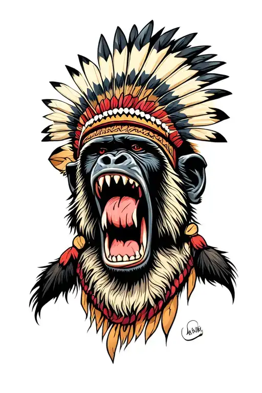 screaming scary baboon with big teeth wearing a native headdress just the head no body facing the viewer asymmetrical  tattoo design idea