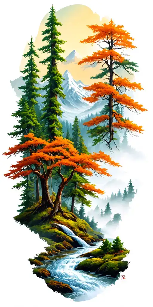 A dense forest with a stream and mountains in the background tattoo design idea