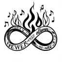 infinity symbol with the words "forever" and "always and music notes and fire tattoo design idea