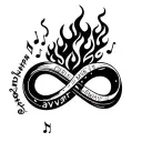 infinity symbol with the words "forever" and "always and music notes and fire tattoo design idea