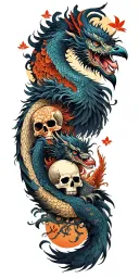 Chinese dragon and phoenix and skull and moon and raven tattoo design idea