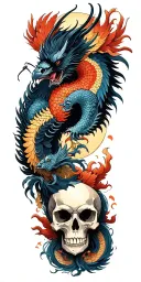 Chinese dragon and phoenix and skull and moon and raven tattoo design idea