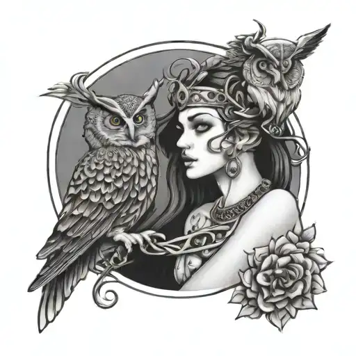 nyx godess with owl perch tattoo design idea
