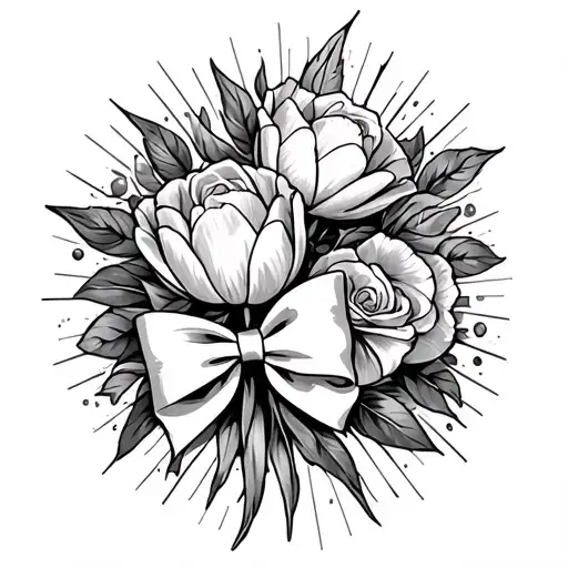 tulips,roses and starburst tattoo with a bow  tattoo design idea