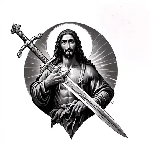 back tattoo with sword and Jesus Christ tattoo design idea