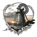 old windmill with sunset in front of an arrowhead tattoo design idea