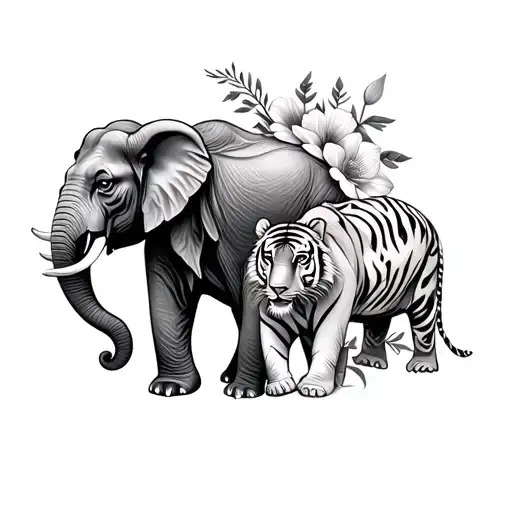 elephant and tiger and flowers tattoo design idea