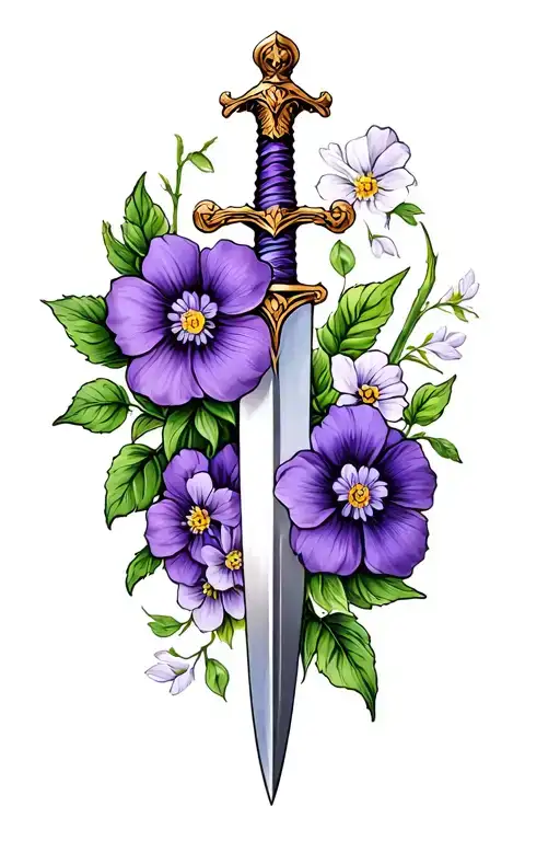 Michael's sword, violet and primrose flowers tattoo design idea