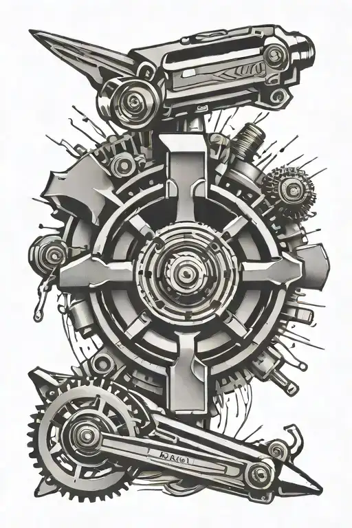 Metal milling cutters, calipers, flying metal chips tattoo design idea