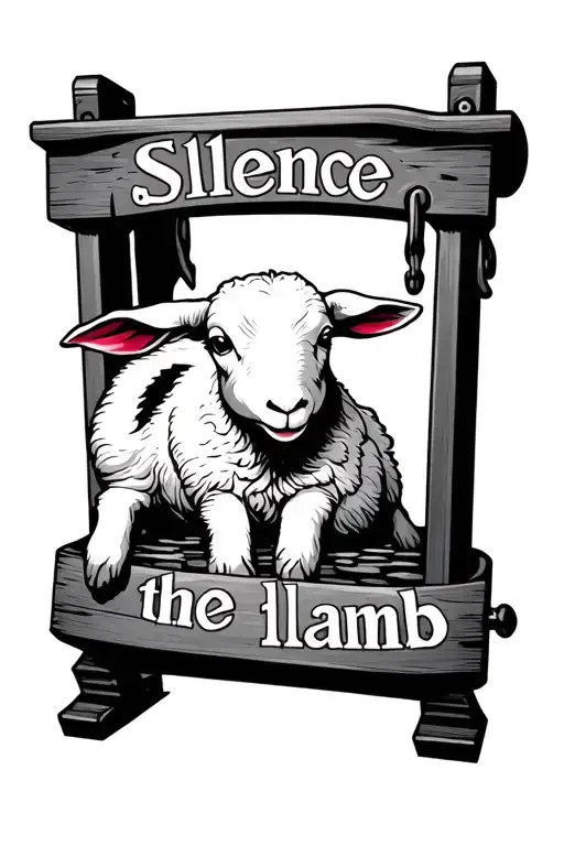 a lamb under a guillotine with the words 'Slience the lamb' tattoo design idea