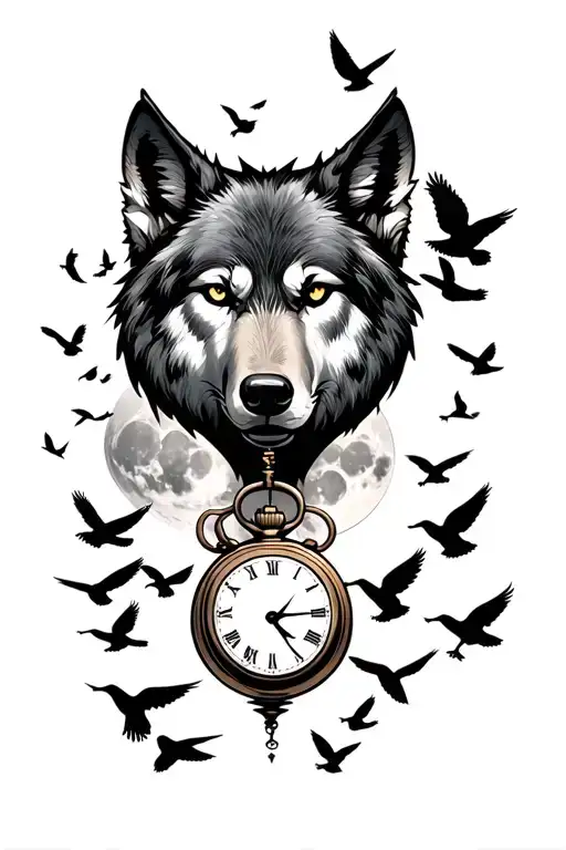 wolf head with full moon phases and pocket watch with flock of birds silhouettes Japanese style tattoo design idea
