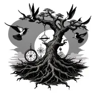 rooted tree with hour glass and swallows and a compass  tattoo design idea