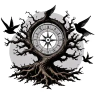rooted tree with hour glass and swallows and a compass  tattoo design idea