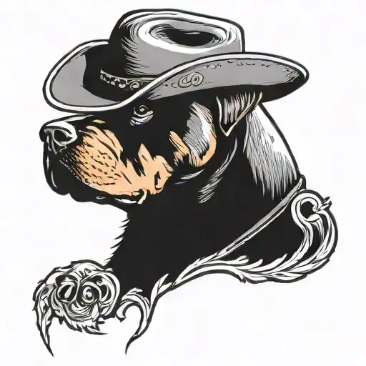 Old Rottweiler with cowboy hat written 300 front profile tattoo design idea