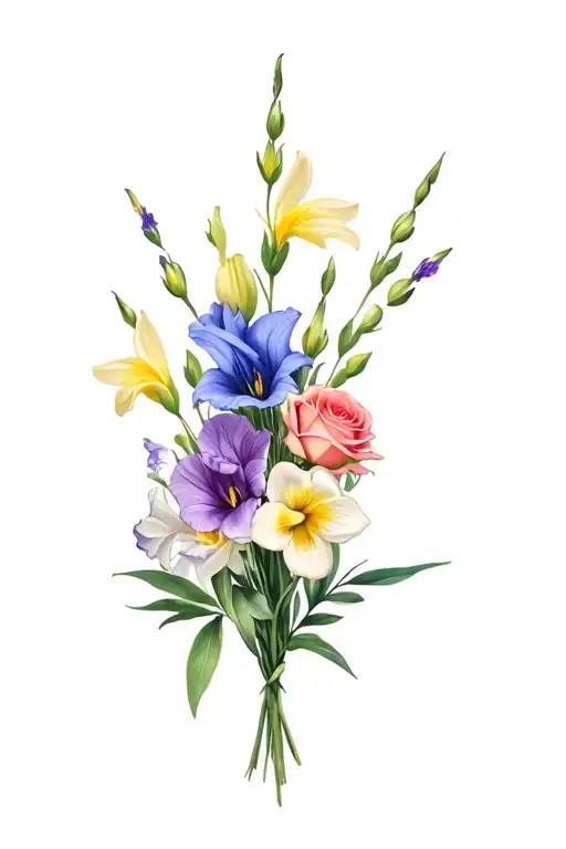 dainty bouquet of gladiolus, sweet pea, rose, daffodil with a little bit of color tattoo design idea