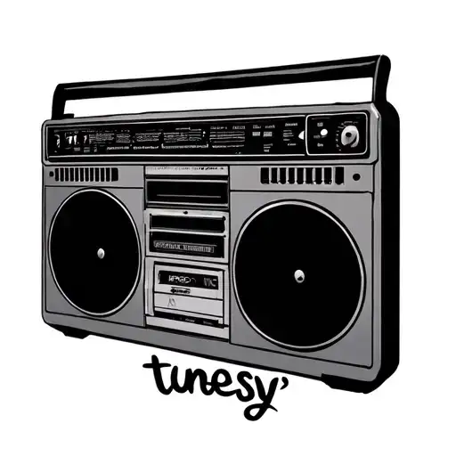 ' tunesy' written underneath a portable boombox tattoo design idea