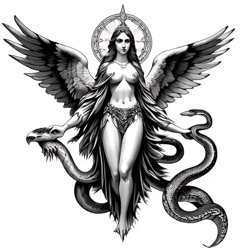 goddess holding snake. eagle wings spread wide tattoo design idea