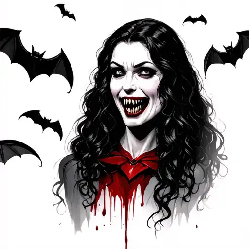 vampire woman with teeth and blood and  bats around flying tattoo design idea