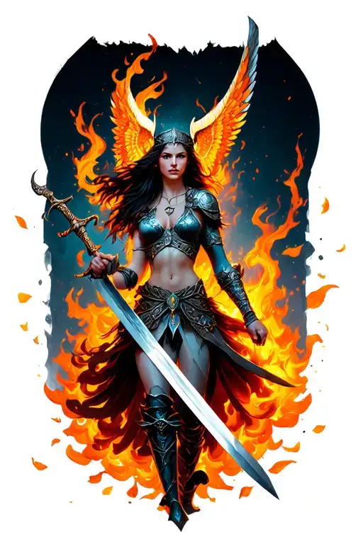 "Valhalla " Beautiful Valkyrie warrior wielding a sword, with Flames and floral pedals swirling around her, color highlighting,  tattoo design idea