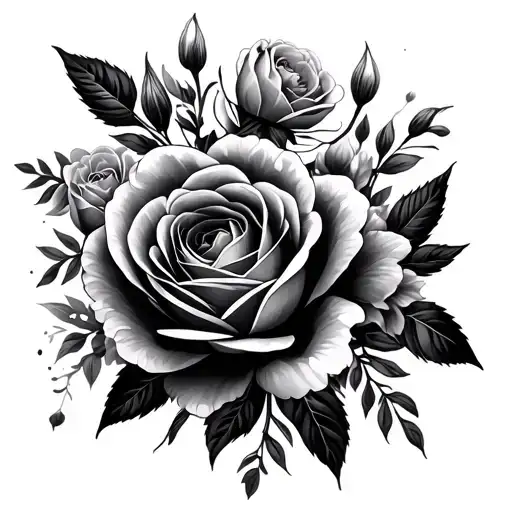 Generates a floral image in Black & Gray: a design of realistic roses and peonies that starts at the top where tattoo design idea