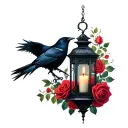 a gothic lantern with a candle inside surrounded by dying roses and a raven tattoo design idea