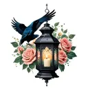 a gothic lantern with a candle inside surrounded by dying roses and a raven tattoo design idea