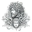 half Medusa on the left and half of Odysseus on the right tattoo design idea