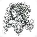 half Medusa on the left and half of Odysseus on the right tattoo design idea