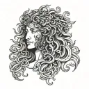 half Medusa on the left and half of Odysseus on the right tattoo design idea