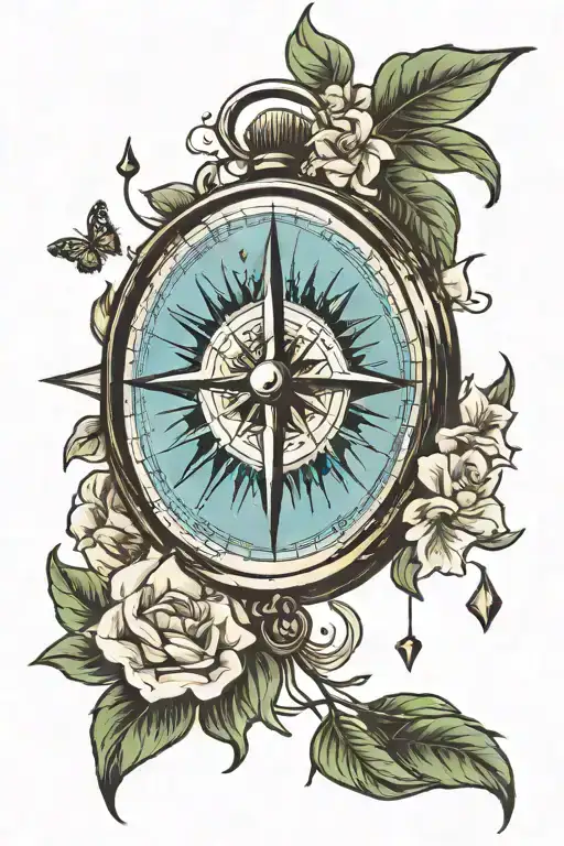 compass, with jasmine flowers and a heart on top pierced by the compass tattoo design idea