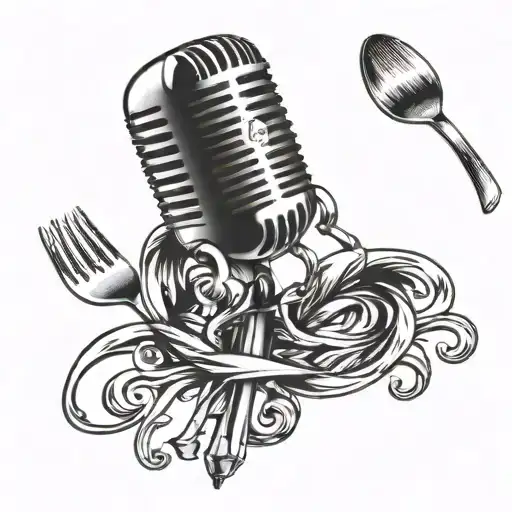 A microphone intertwined with a fork and spoon, symbolizing a love for music and food tattoo design idea