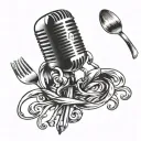 A microphone intertwined with a fork and spoon, symbolizing a love for music and food tattoo design idea