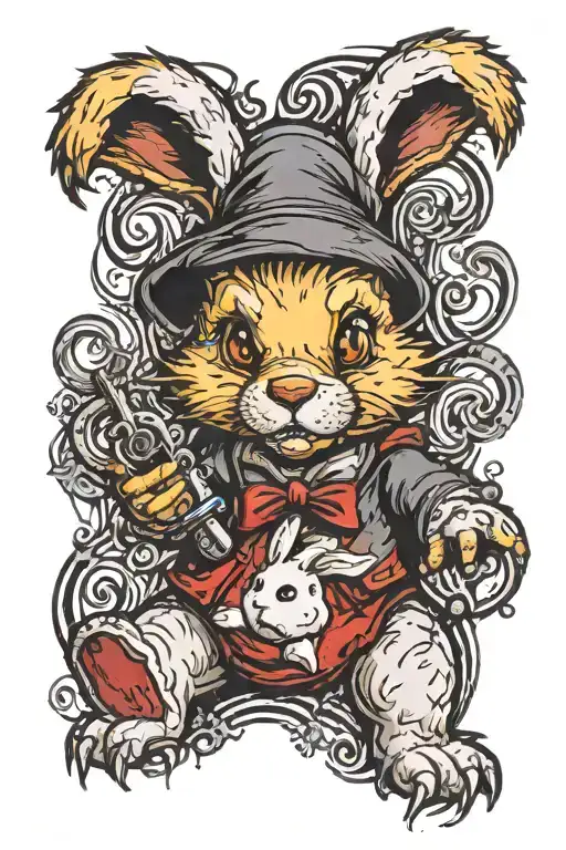 Teddy Bear that looks like evil white rabbit with sly look holding key and calling sexy alice over to his hole  tattoo design idea