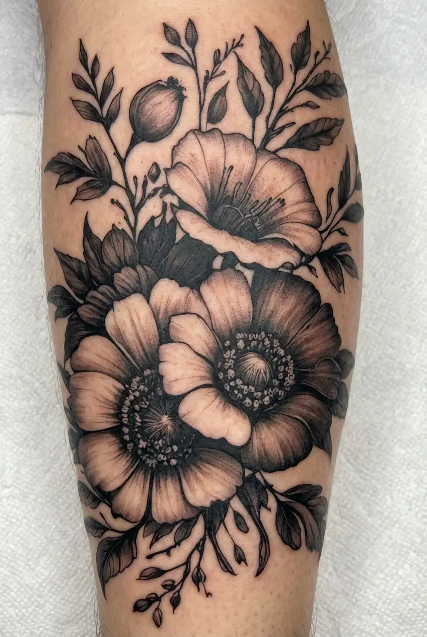 B&w tattoo with birth flowers from April,August,December,February and October in a floral spray tattoo design idea