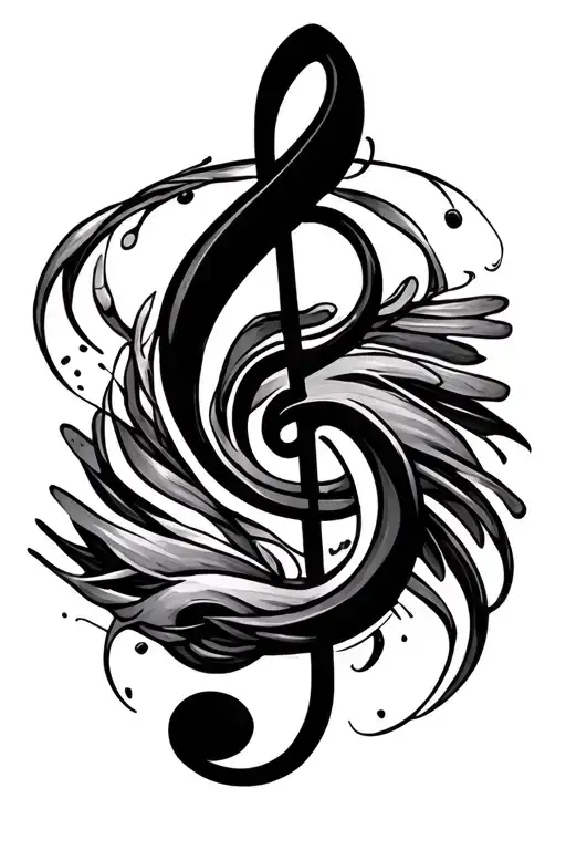 treble clef intertwined with piano keys and guitar frets swirling tattoo design idea
