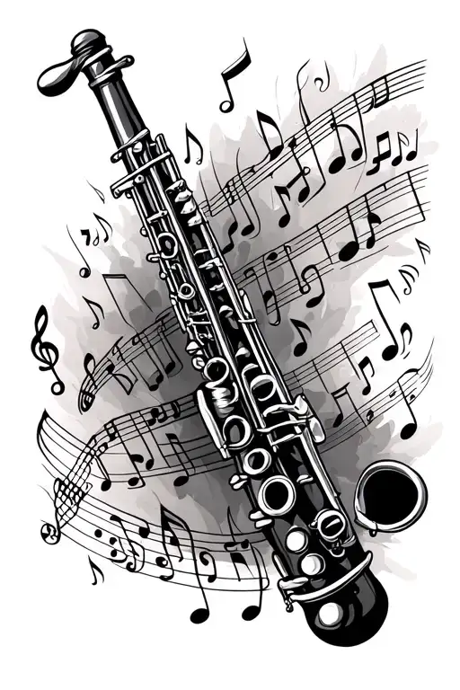 clarinet with music notes floating in the air tattoo design idea