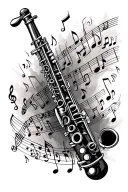 clarinet with music notes floating in the air tattoo design idea