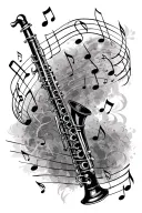 clarinet with music notes floating in the air tattoo design idea