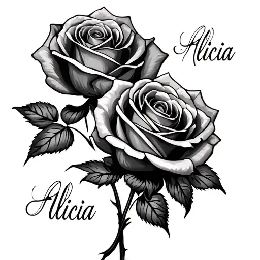 roses with alicia written tattoo design idea