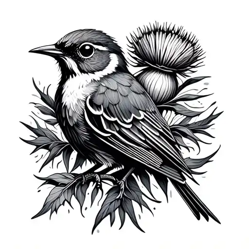 wren on a thistle intertwined tattoo design idea